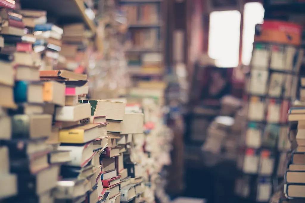 Piles de livres entassés dans une librairie, sous une lumière douce